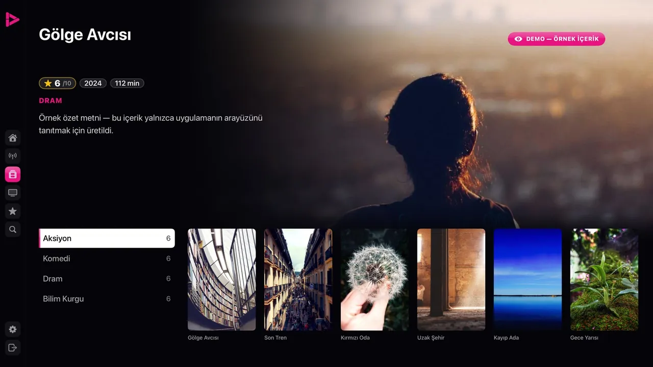 Apple TV Filmler ekranı: solda kategori sütunu ve içerik sayıları, sağda afişler