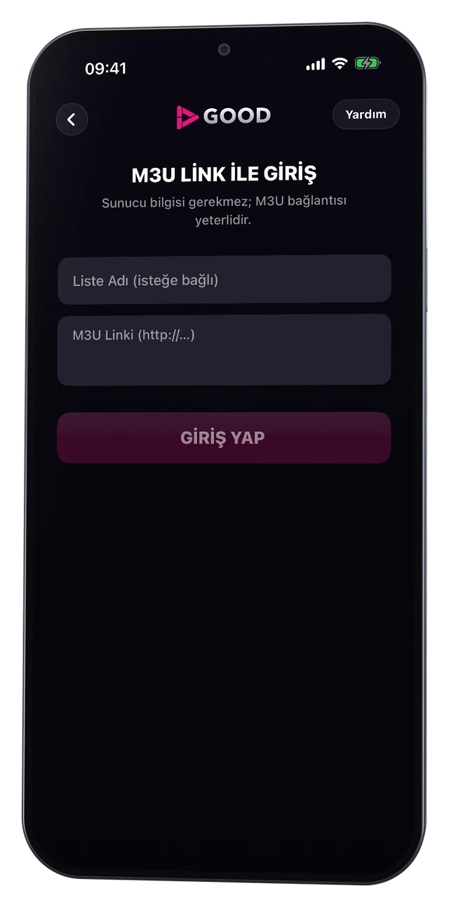 M3U Link ile Giriş ekranı: liste adı ve M3U bağlantısı alanları