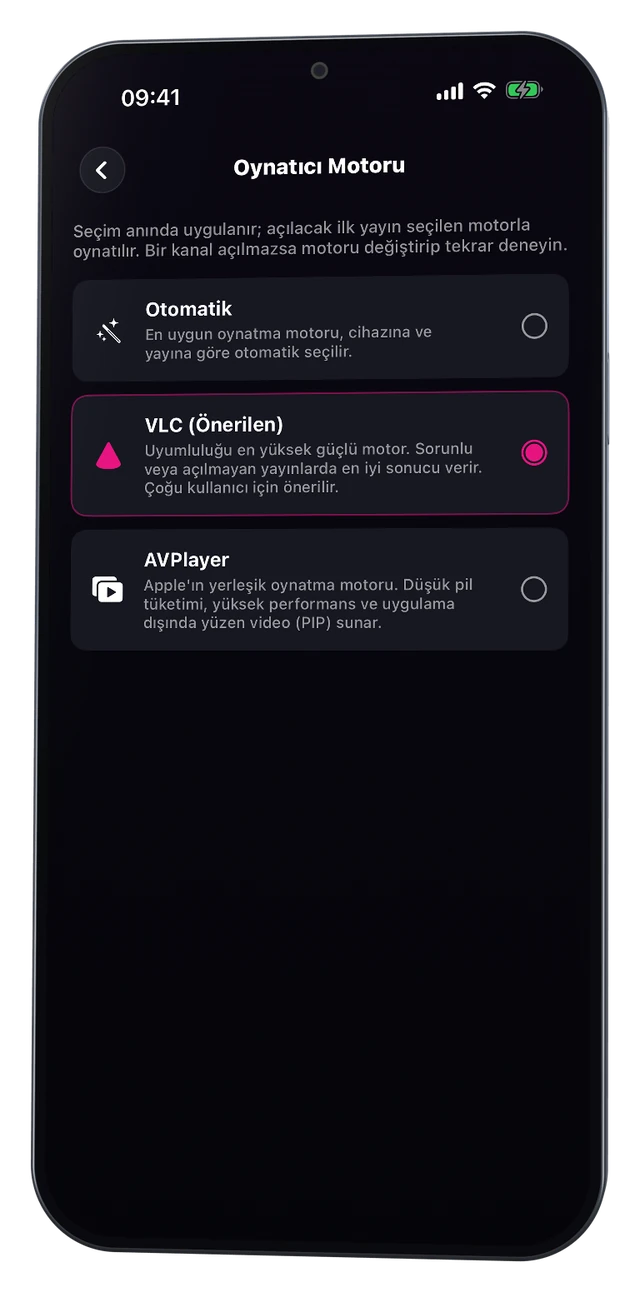 Oynatıcı Motoru ekranı: Otomatik, VLC ve AVPlayer