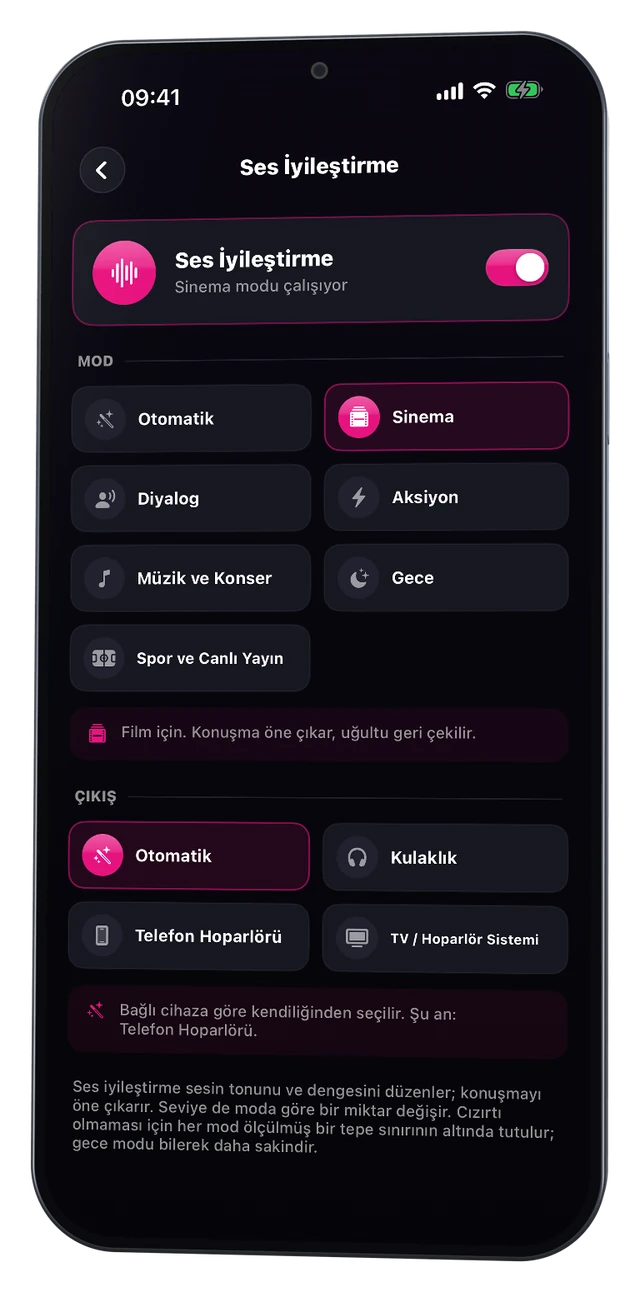 Ses İyileştirme ekranı: mod ve çıkış seçenekleri