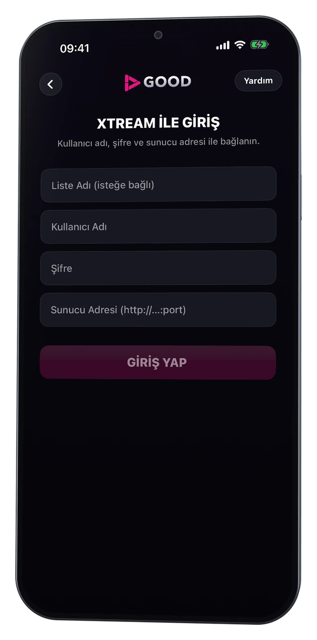 Xtream ile Giriş ekranı: sunucu adresi, kullanıcı adı ve şifre alanları