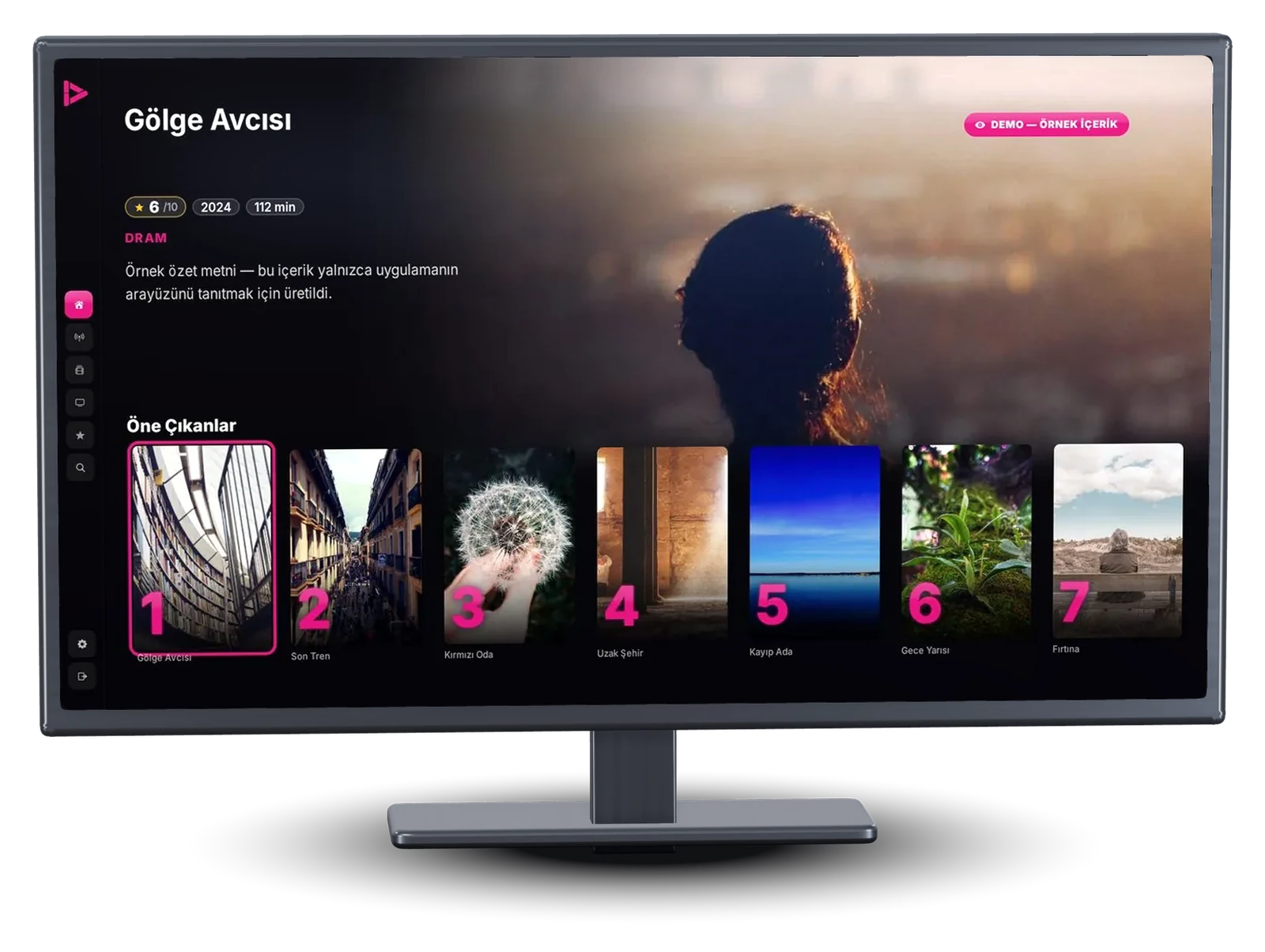 Android TV ana ekranı: solda simge menüsü, üstte öne çıkan film, altta numaralı Öne Çıkanlar rafı