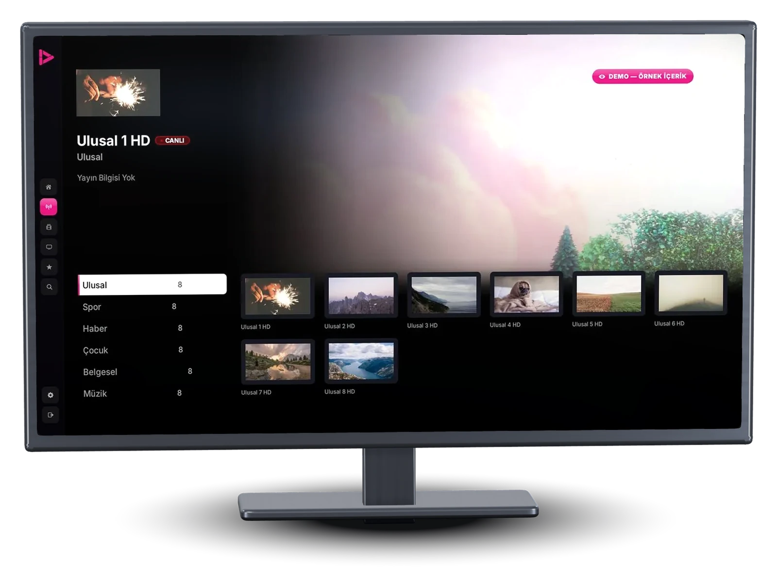Android TV Canlı TV ekranı: kanal kimliği, Yayın Bilgisi Yok yazısı, kategori sütunu ve kanal ızgarası