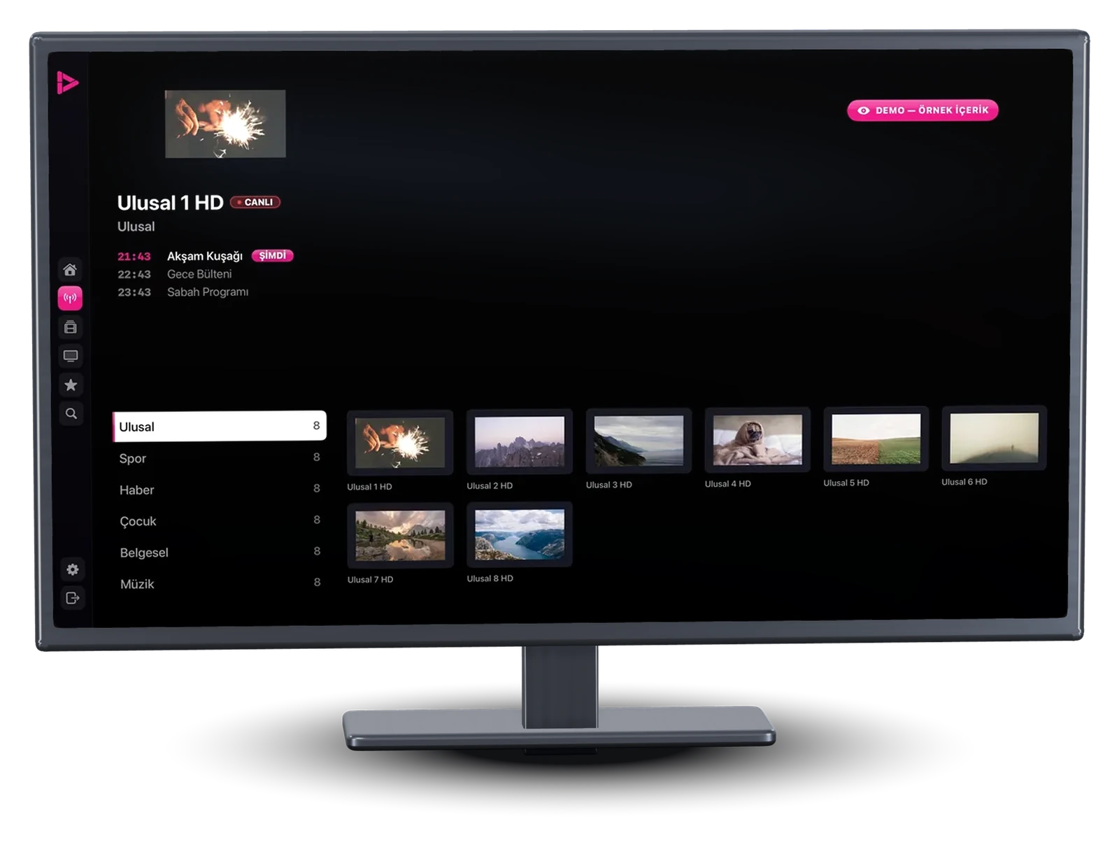 Apple TV Canlı TV ekranı: kanal kimliği, yayın akışı, kategori sütunu ve kanal ızgarası