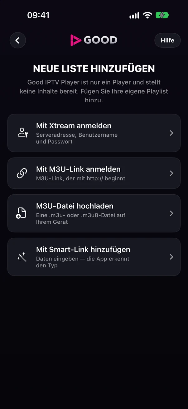 Bildschirm Neue Liste hinzufügen: Mit Xtream anmelden, Mit M3U-Link anmelden, M3U-Datei hochladen, Mit Smart-Link hinzufügen