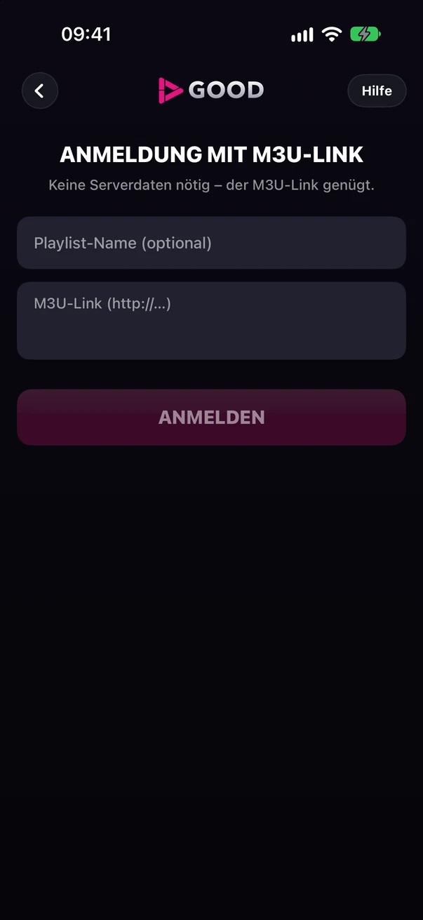 Bildschirm Mit M3U-Link anmelden: Felder für Playlist-Name und M3U-Link