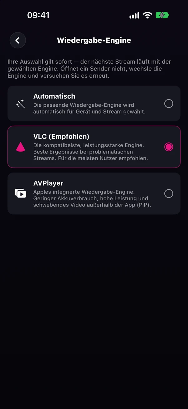 Bildschirm Wiedergabe-Engine: Automatisch, VLC (Empfohlen), AVPlayer