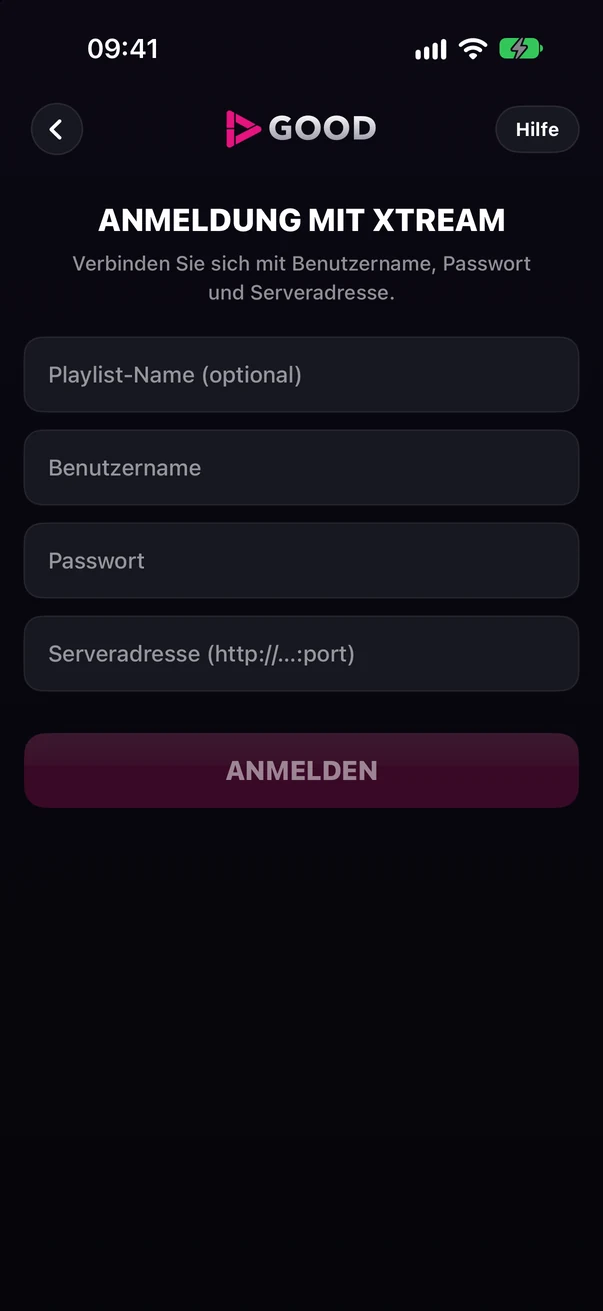 Bildschirm Mit Xtream anmelden: Felder für Serveradresse, Benutzername und Passwort