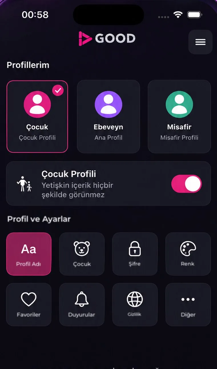 Telefonda Profiller ekranı — profiller burada oluşturulur