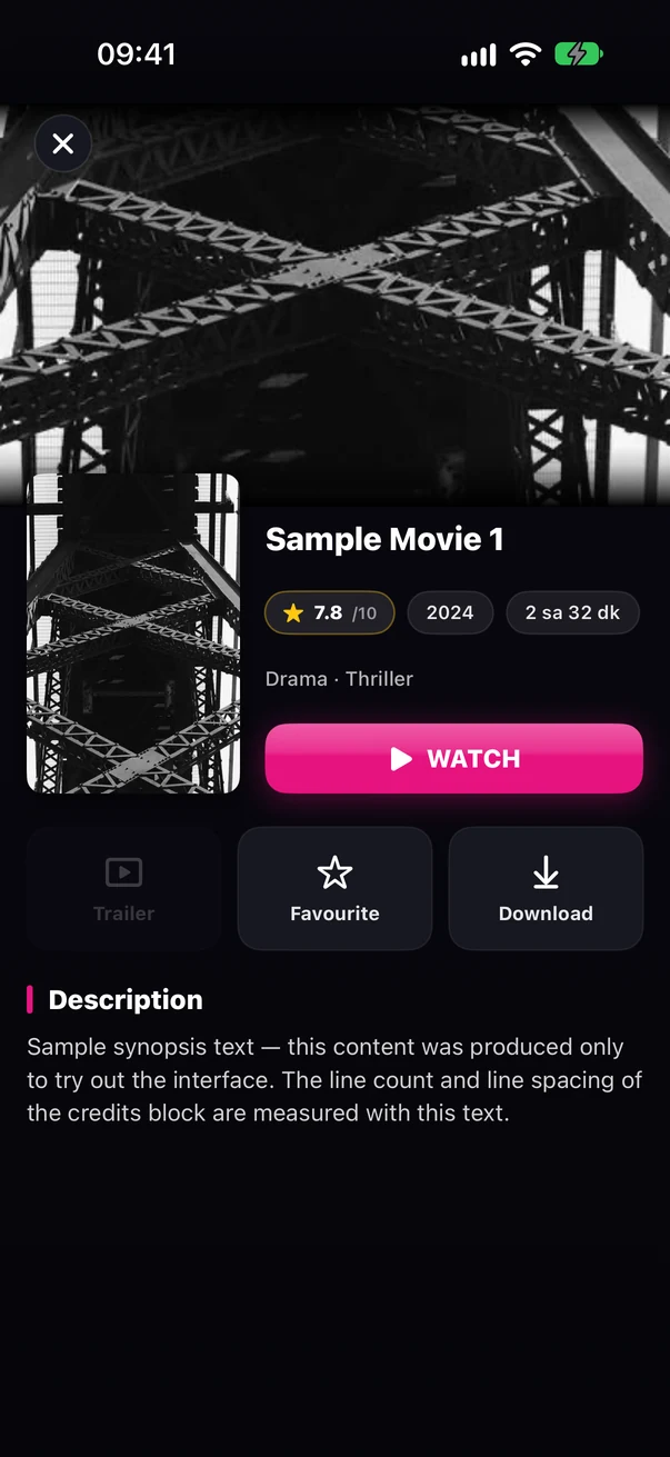 Movie details page — title details, Watch, Trailer, Favourite and Download