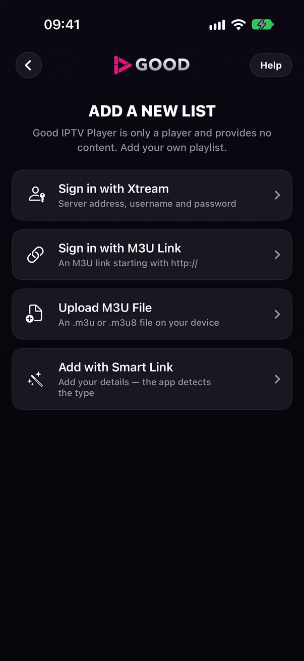 Add New List screen: Sign in with Xtream, Sign in with M3U Link, Upload M3U File, Add with Smart Link