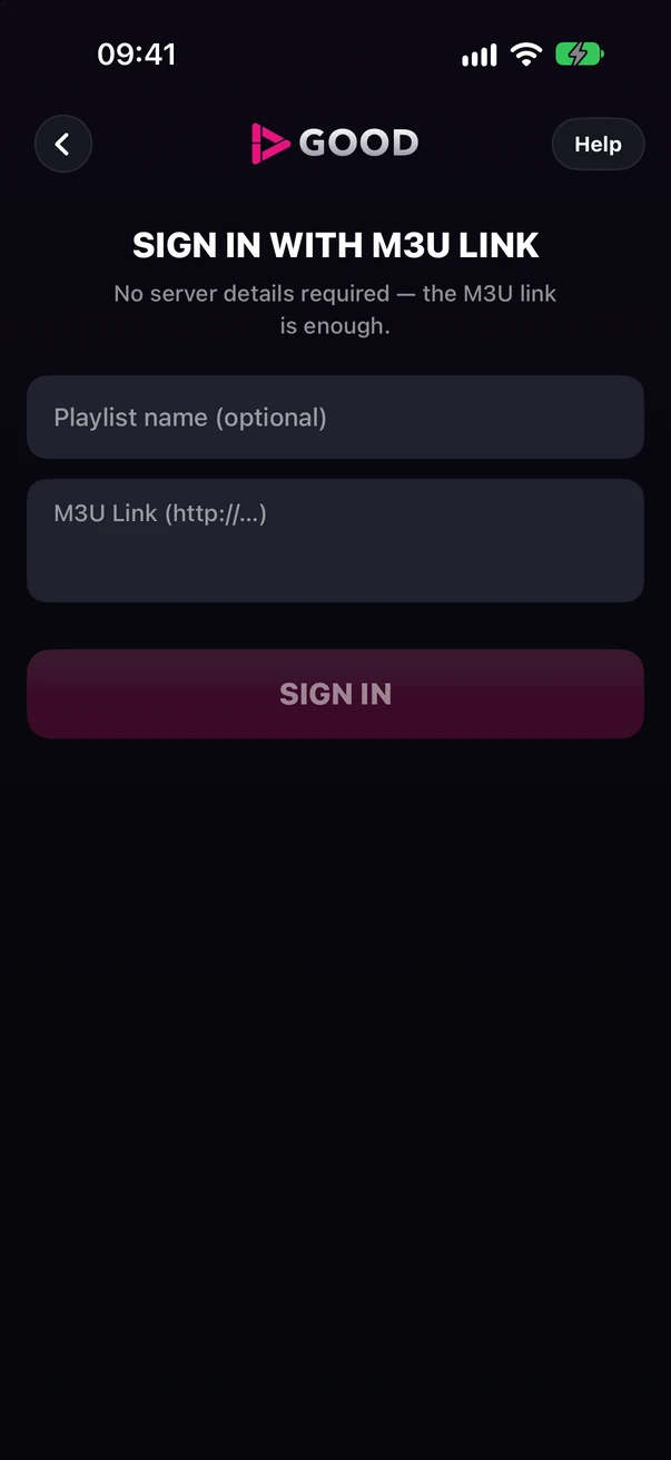 Sign in with M3U Link screen: playlist name and M3U link fields