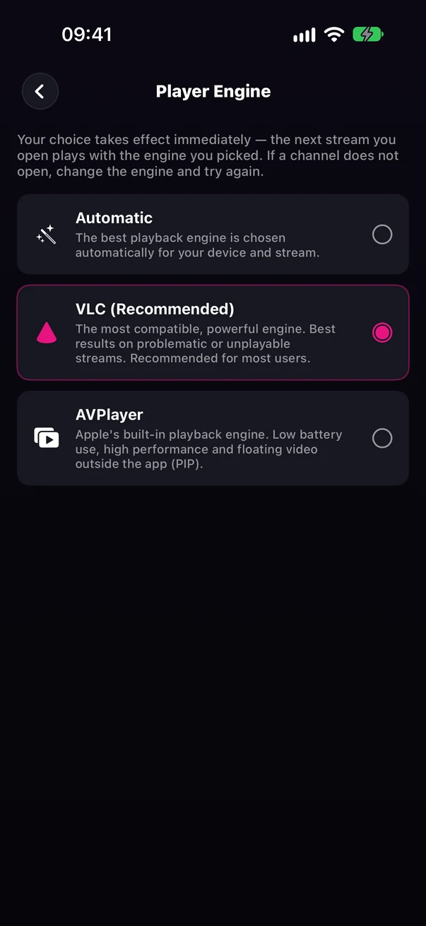 Player Engine screen: Automatic, VLC (Recommended), AVPlayer