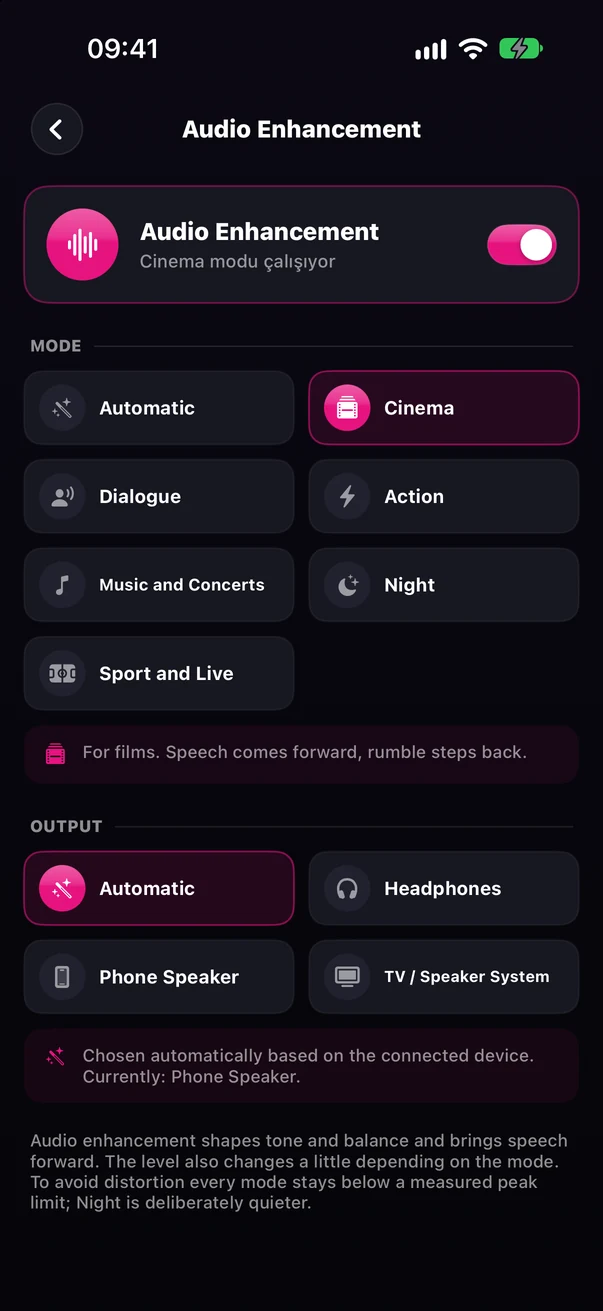 Audio Enhancement screen — MODE and OUTPUT options
