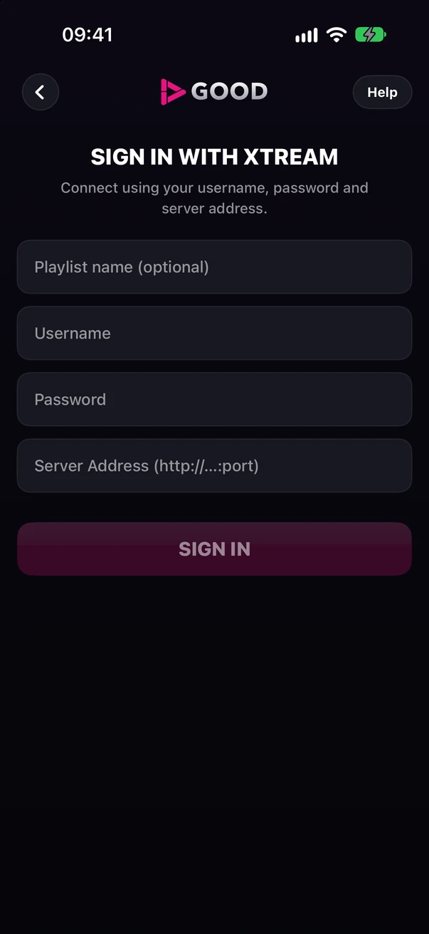 Sign in with Xtream screen: server address, username and password fields